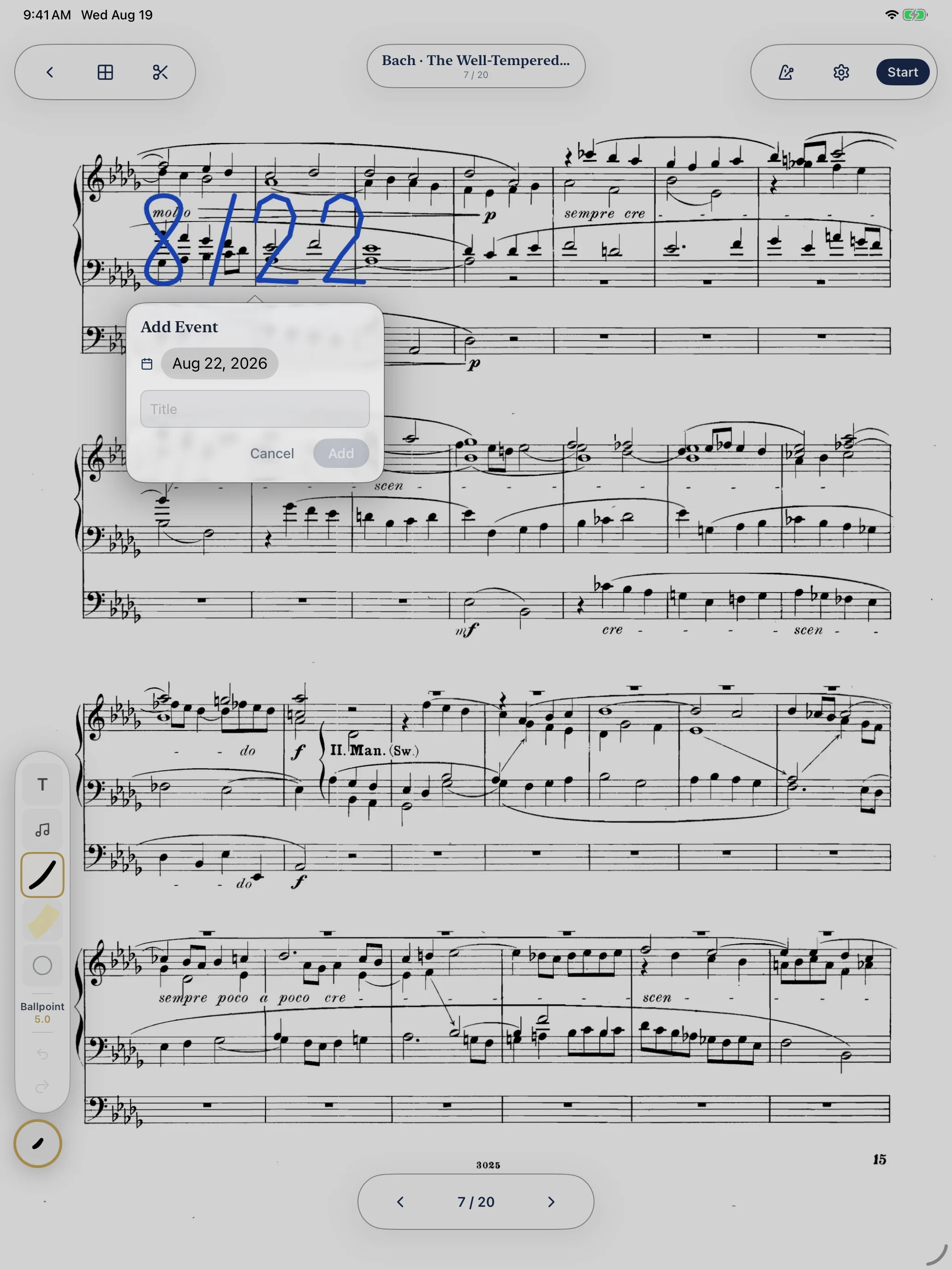 Tapping a handwritten date on a score to create a calendar event
